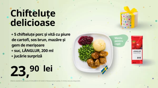 Vizual promoțional IKEA pentru „Chifteluțe delicioase” – meniu pentru copii cu 5 chifteluțe porc și vită, piure, mazăre, sos brun, gem de merișoare, suc LÅNGLUR 200 ml și jucărie surpriză, la 23,90 lei, pe fundal verde deschis cu confetti colorate.