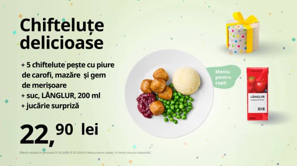 Vizual promoțional IKEA pentru „Chifteluțe delicioase” – meniu pentru copii cu 5 chifteluțe pește, piure, mazăre, gem de merișoare, suc LÅNGLUR 200 ml și jucărie surpriză, la 22,90 lei, pe fundal verde deschis cu confetti colorate.