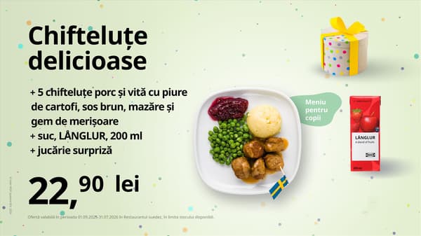 Vizual promoțional IKEA pentru „Chifteluțe delicioase” – meniu pentru copii cu 5 chifteluțe porc și vită, piure, mazăre, sos brun, gem de merișoare, suc LÅNGLUR 200 ml și jucărie surpriză, la 22,90 lei, pe fundal verde deschis cu confetti colorate.