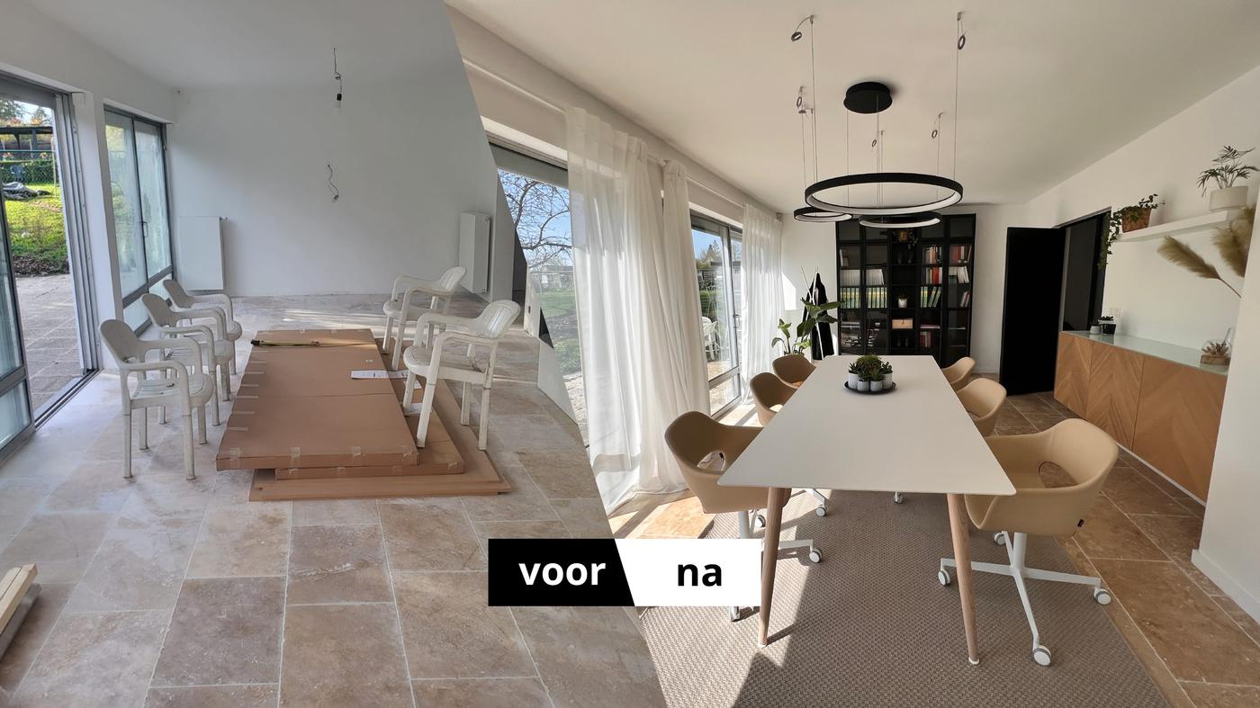 Voor-en-na afbeelding van een kamer: links een lege, onafgewerkte ruimte met stoelen op tafel; rechts een ingerichte eetkamer met verlichting, planten en decoratie.