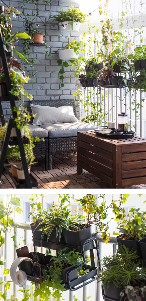 Votre terrasse privée trouve sa place au balcon. À l’aide de jardinières comme BITTERGURKA en acier blanc et à tige en bambou, créez votre écran vert. La jardinière convient à la culture des plantes en pot. Il est facile d’en suspendre plusieurs les unes aux autres. 