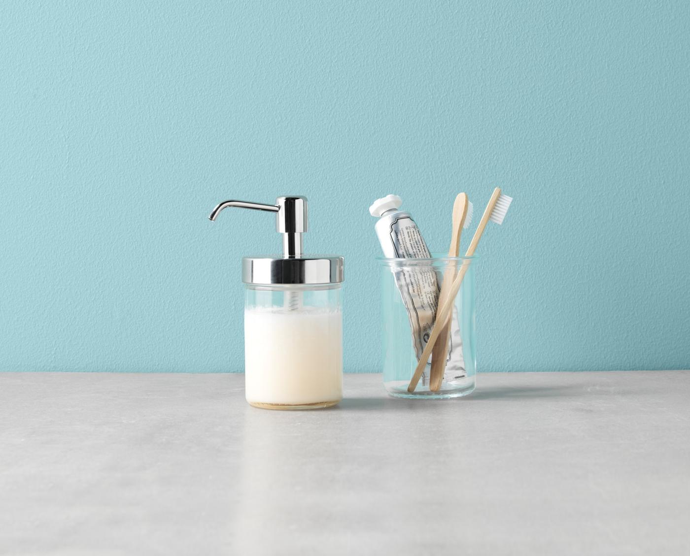 VOXNAN glass mug and soap dispenser.