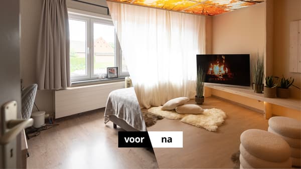 Vue avant-après d’une chambre réaménagée avec éclairage chaleureux, textiles doux et coin détente au style accueillant.