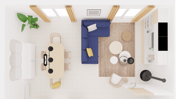 Vue du ciel d'une pièce de vie avec un coin salon et un coin salle à manger
