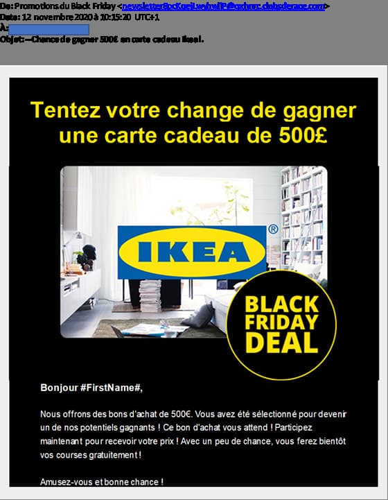 Vue d'un email frauduleux IKEA Black Friday