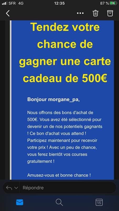 Vue d'un mail frauduleux