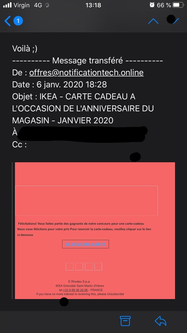 Vue d'une carte cadeau frauduleuse