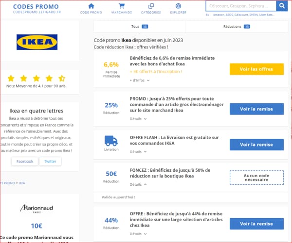 Vue d'une page d'un site montrant des faux codes promo IKEA