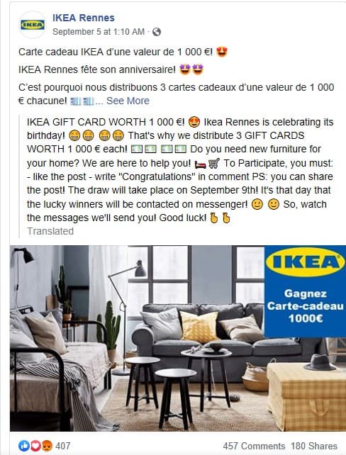 VUe d'une page facebook montrant une carte cadeau frauduleuse