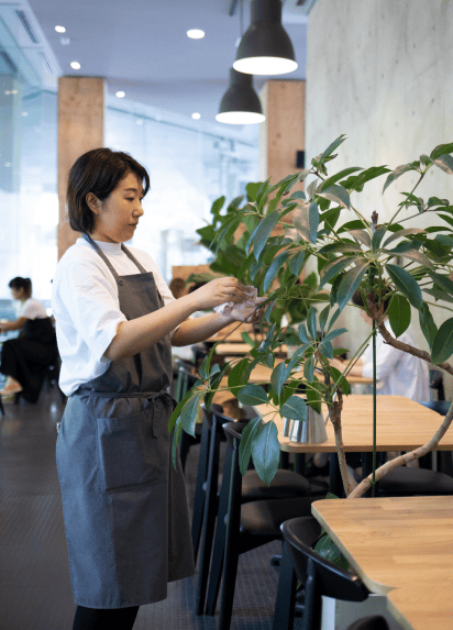 Waitress taking care of the plants