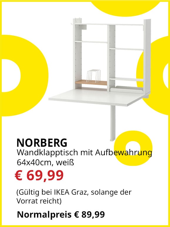 Wandklapptisch mit Aufbewahrung Norberg, 64x60cm, weiß, statt € 89,99 um € 69,99.