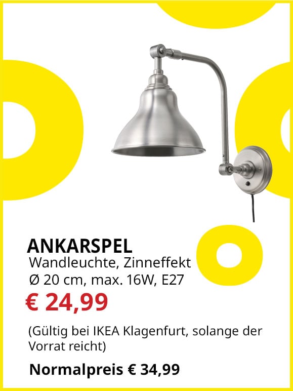 Wandleuchte Ankarspel, Zinneffekt, Schirmdurchmesser 20cm, E27, max. 16 W, statt € 34,99 um € 24,99.