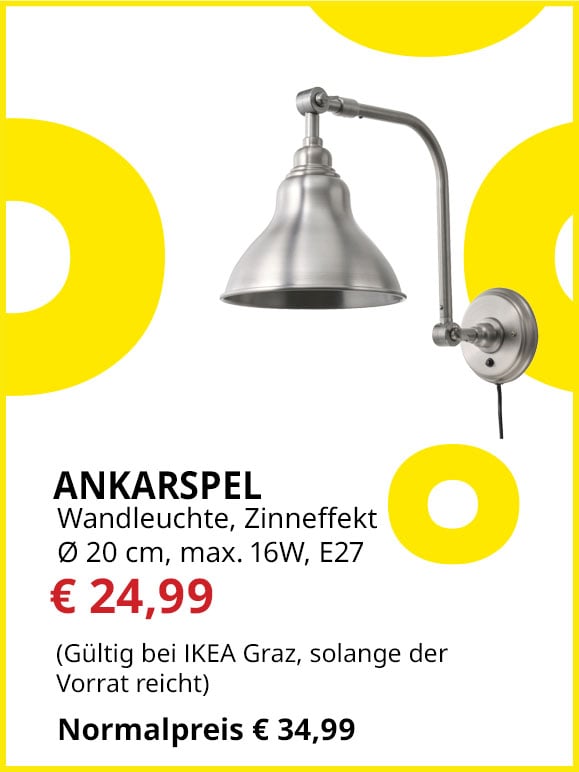 Wandleuchte Ankarspel, Zinneffekt, Schirmdurchmesser 20cm, E27, max. 16 W, statt € 34,99 um € 24,99.