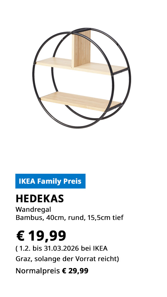 Wandregal Hedekas, Bambus, rund, Durhcmesser 40cm, 15,5 cm tief, statt € 29,99 zum IKEA Family Preis von € 19,99.