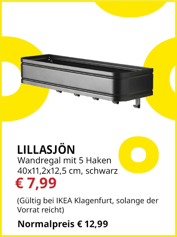 Wandregal mit 5 Haken Lillasjön, 40x11,2x12,5 cm, schwarz, statt €12,99 um €7,99.