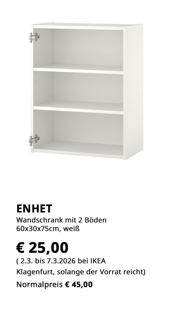 Wandschrank Enhet, mit 2 Böden, 60x30x75cm weiß, statt €45 um €25.