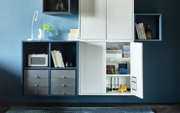 Want furniture that appeals to both kids and adults? In this idea IKEA shows how to easily create on/off zones with hidden storage. When the zone is ‘on’ a doll’s house that is otherwise hidden in the white cabinet can be seen.
