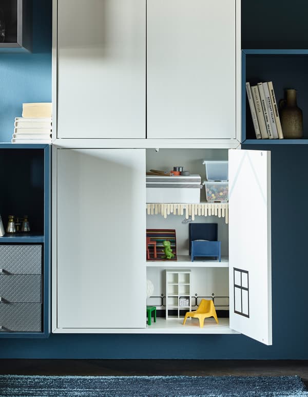 Want to build a toy house? With closed storage from IKEA, you’re nearly done! Just add toy furniture and use the cabinet’s shelves as a dollhouse. EKET cabinet comes in colours other than white, so you can build a toy house hat matches your room, too.