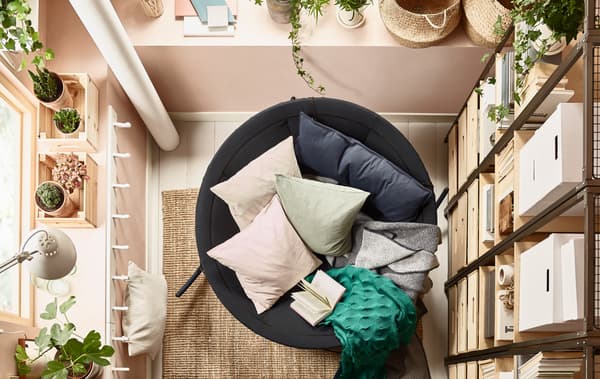 Want zen living room decor? Go natural with warm colours and cosy low seating like this IKEA PS 2017 rocking chair in black. It’s bowl-shaped and tent-inspired with plenty of room for you to curl up in fluffy cushions and soft throws. 
