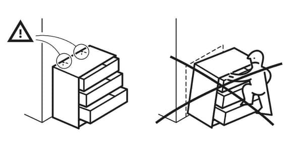 Warning label showing a dresser on the left anchored to the wall and another dresser on the right being pulled from wall with large X on top