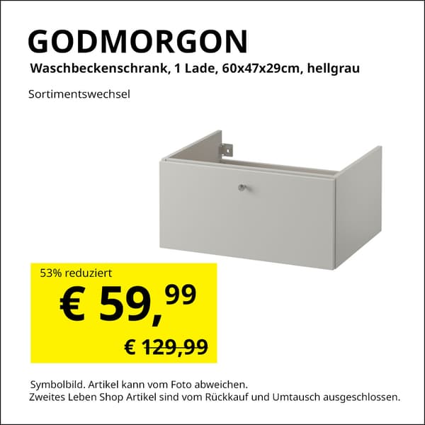 Waschbeckenschrank Godmorgon, mit einer Schublade, 60x47x29cm, hellgrau, statt €59,99 um € 129,99.