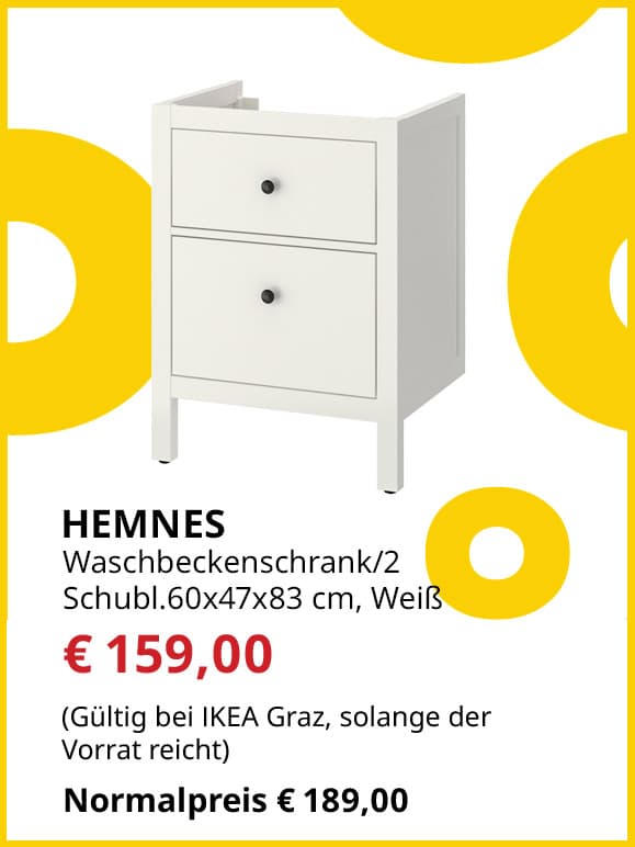 Waschbeckenschrank mit 2 Schubladen Hemnes, 60x47x83cm, weiß, statt € 189 um € 159.