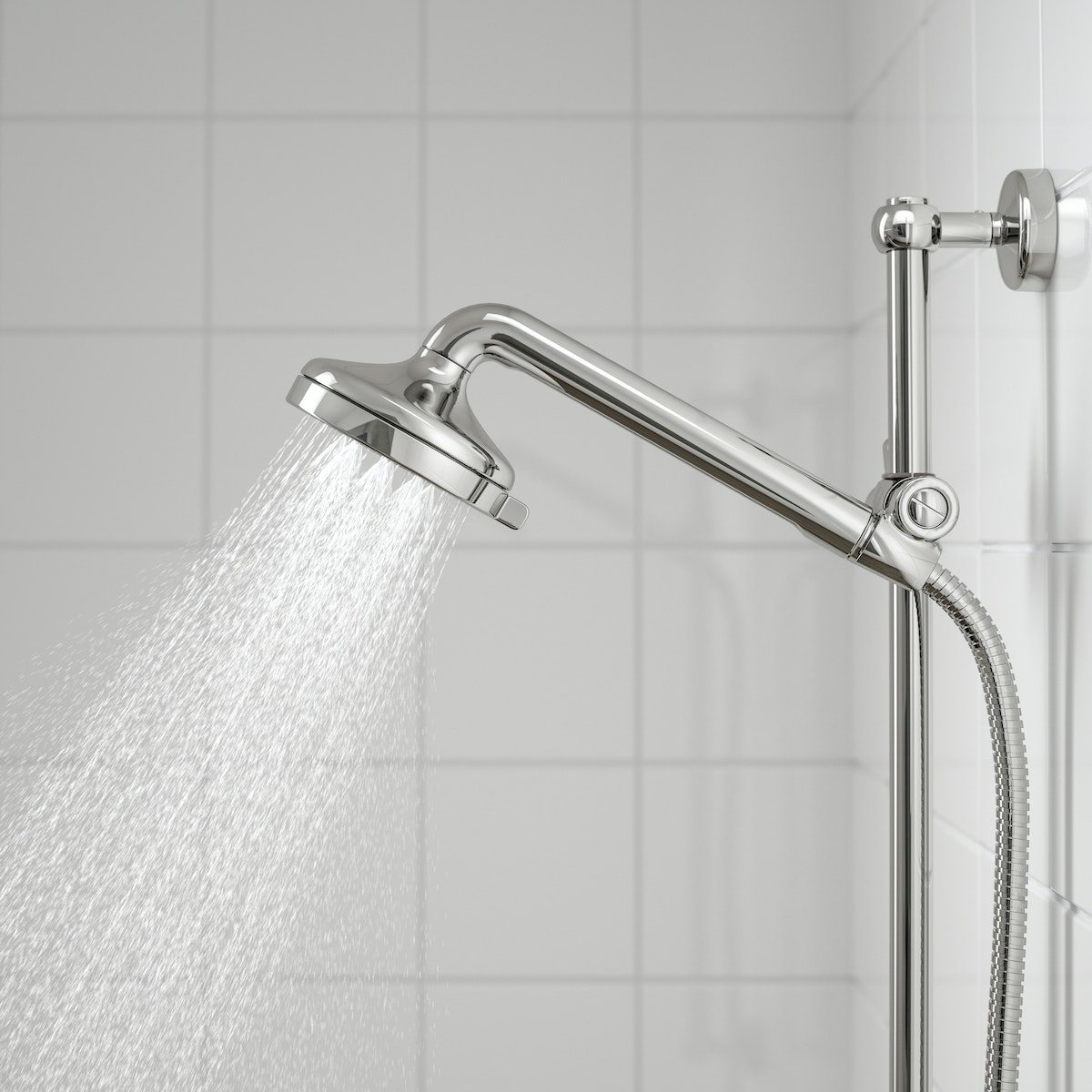 Water spraying out of the VOXNAN hand shower spray in a white-tiled bathroom. 