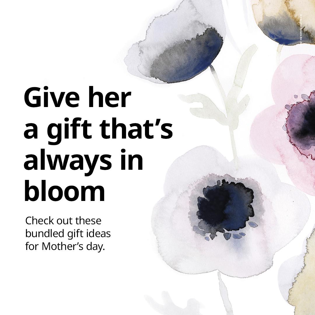 Watercolor flowers in soft pastel tones with text reading, "Give her a gift that's always in bloom. Check out these bundled gift ideas for Mother's Day."