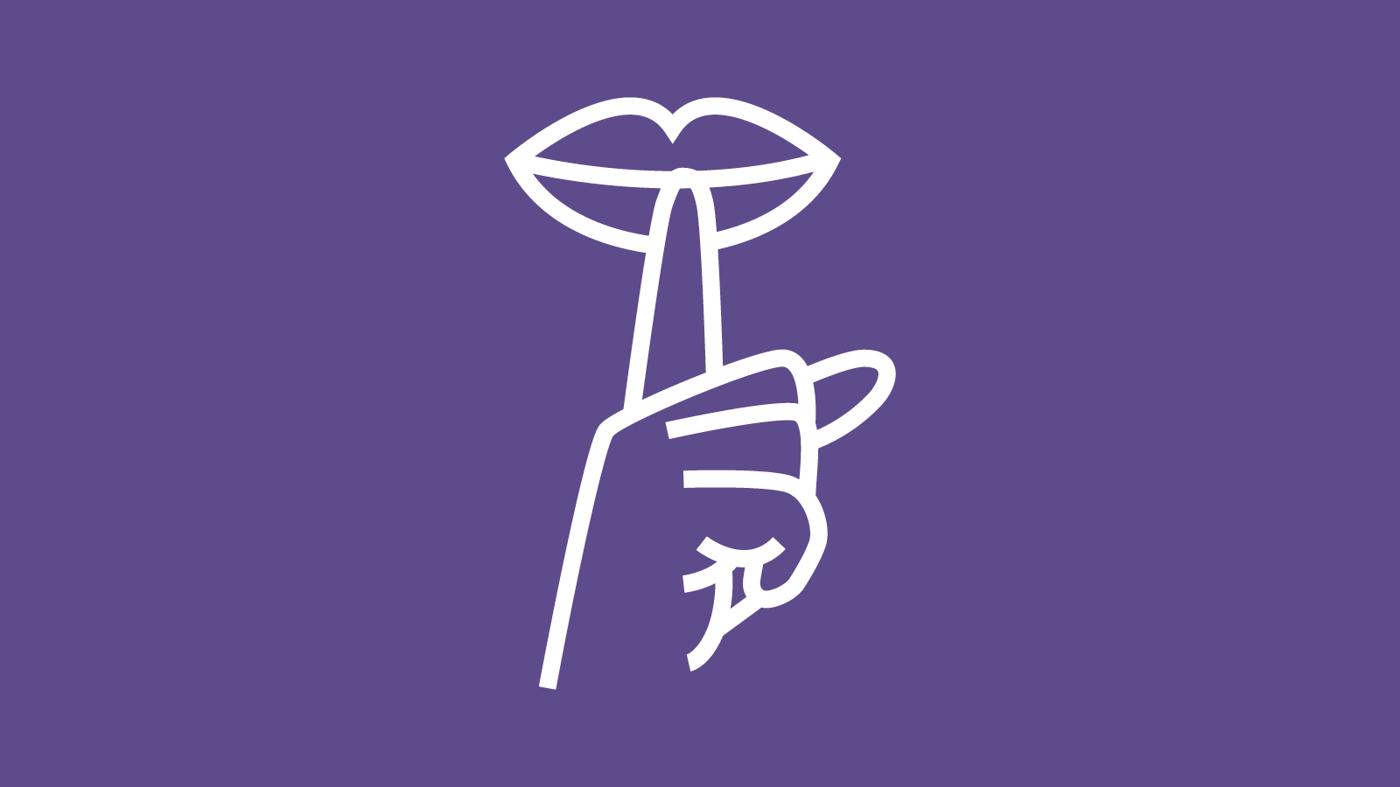 Weiße Liniengrafik einer Hand, die eine Blume auf violettem Hintergrund hält.