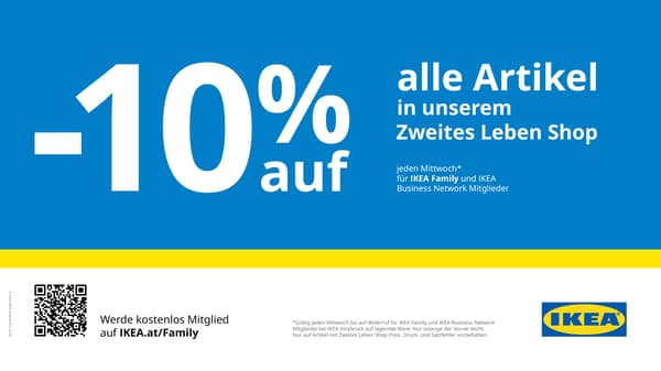 Weißer Text mit -10% auf alle Artikel in unserem zweiten Leben Shop, jeden Mittwoch für Family Mitglieder auf blauem Hintergrund.