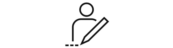 Wertschätzender Umgang ist wichtig, Icon mit einer Person und einem Stift, der eine gestrichelte Linie zeichnet.