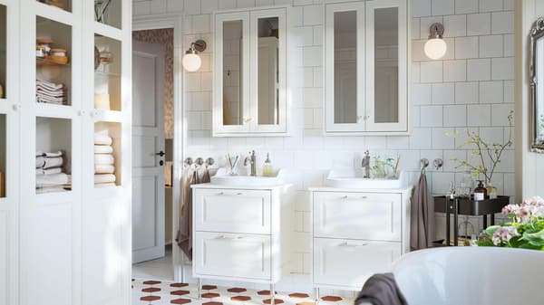 White bathroom cabinets.