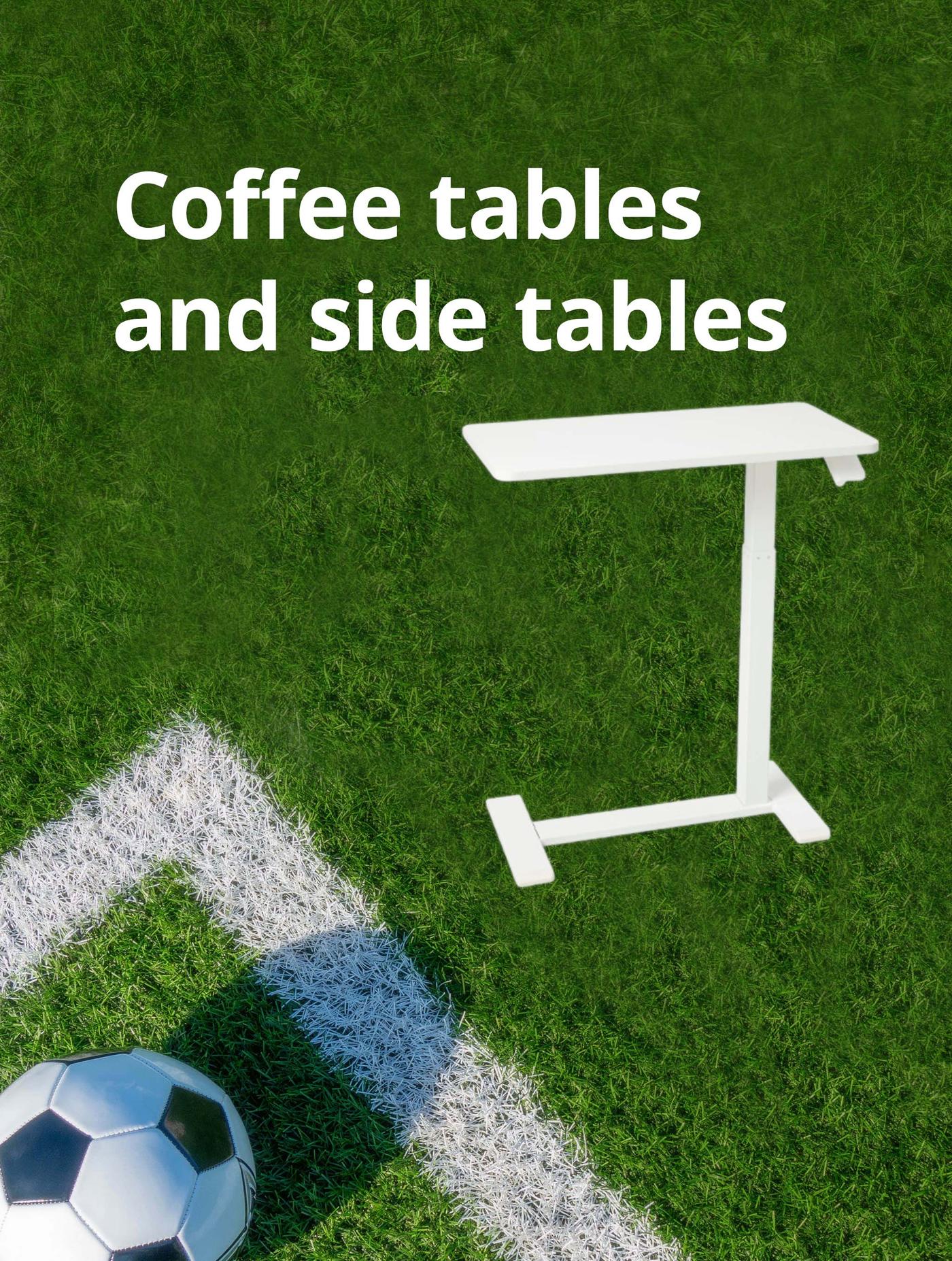 White BOLLSIDAN side table on a football pitch background. White text reads: Coffee tables and side tables