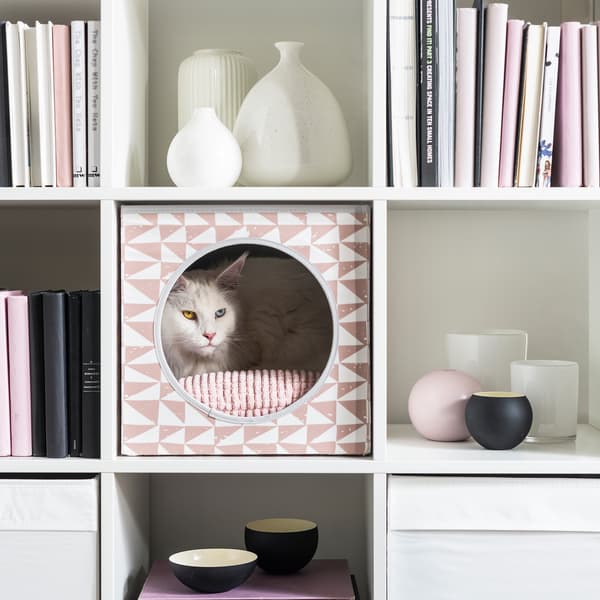 White cat in patterned, cube-shaped LURVIG cat house placed in bookcase.