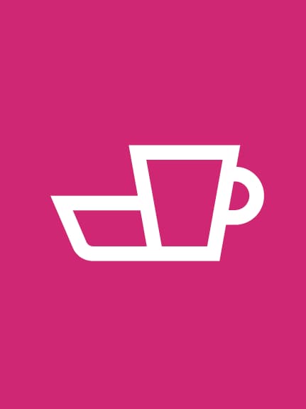 White coffee cup icon on a bright pink background.