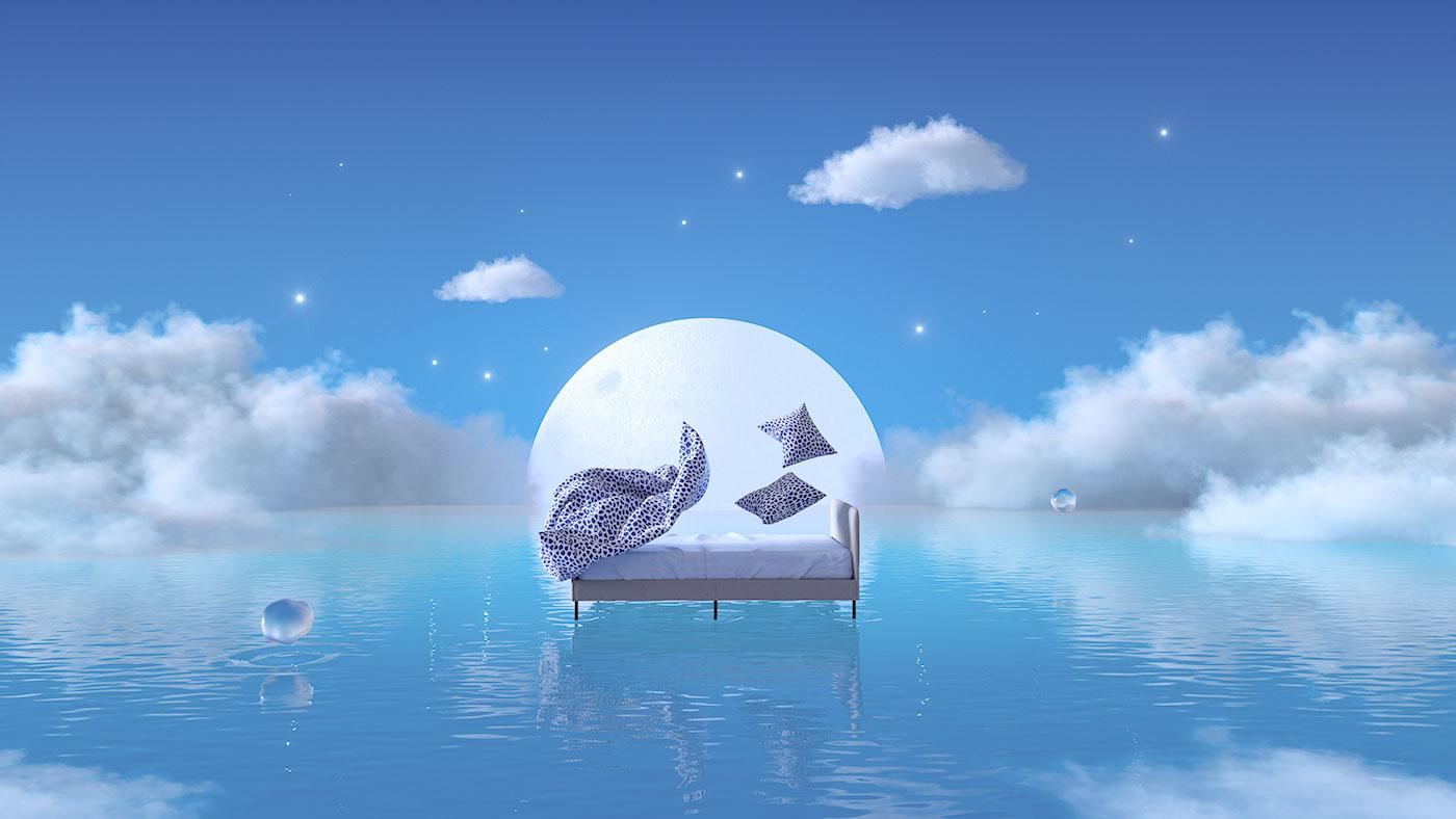 White/dark blue, leopard print KVASTFIBBLA bedding lifts above a SLATTUM bed, floating on blue water against a rising moon.