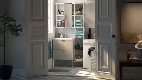 White doors open into a small bathroom with white narrow shelves between a white washbasin and a washing machine.