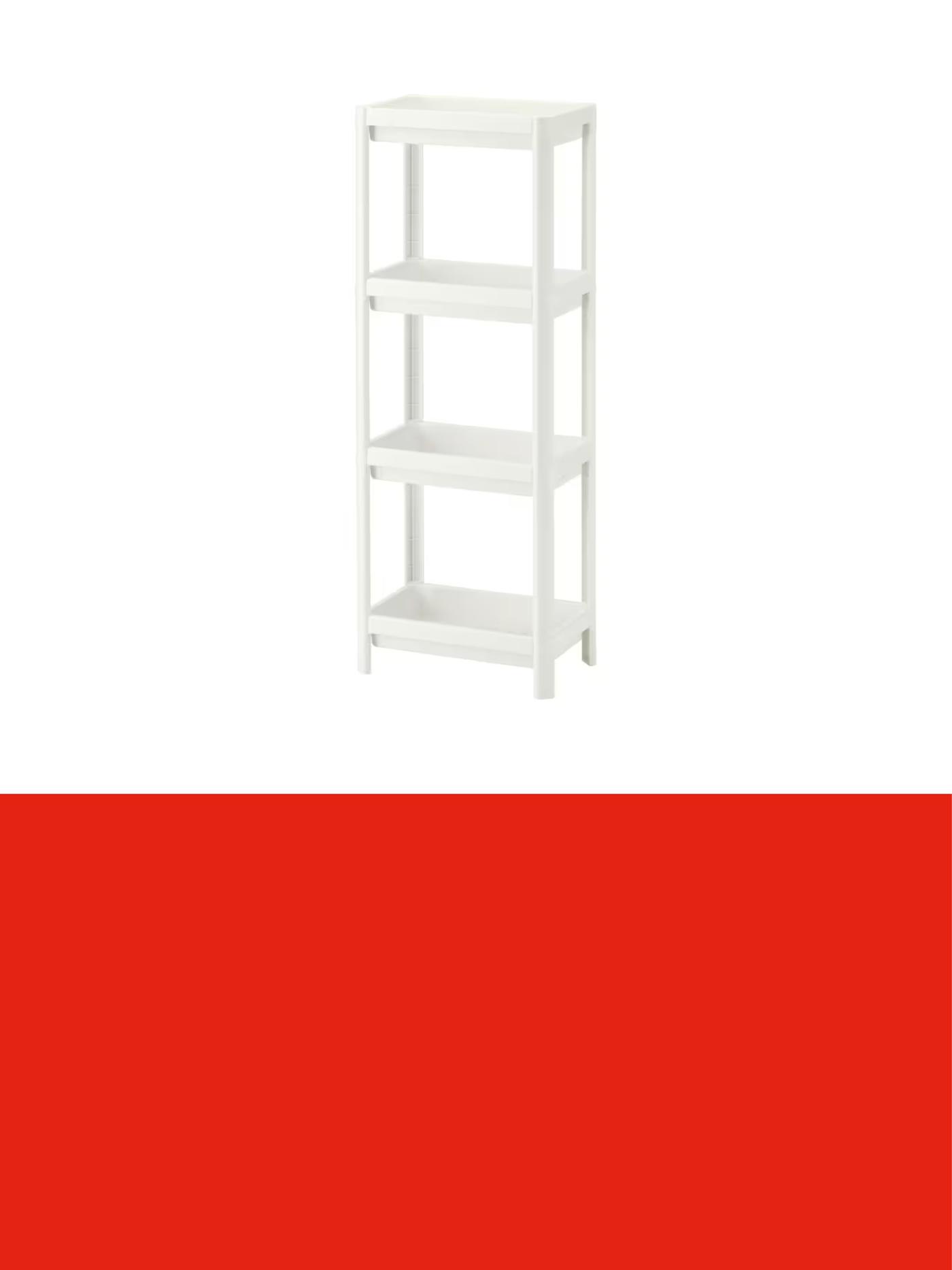 White freestanding shelving unit with four open shelves, displayed against a light background above a red promotional banner.
