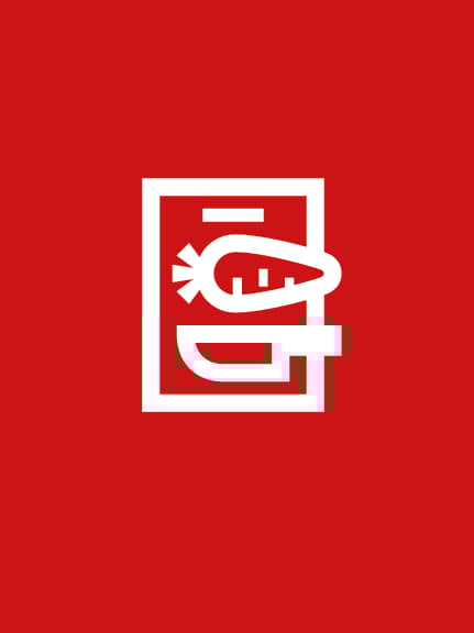 White icon of a carrot and knife inside a framed shape on a red background.