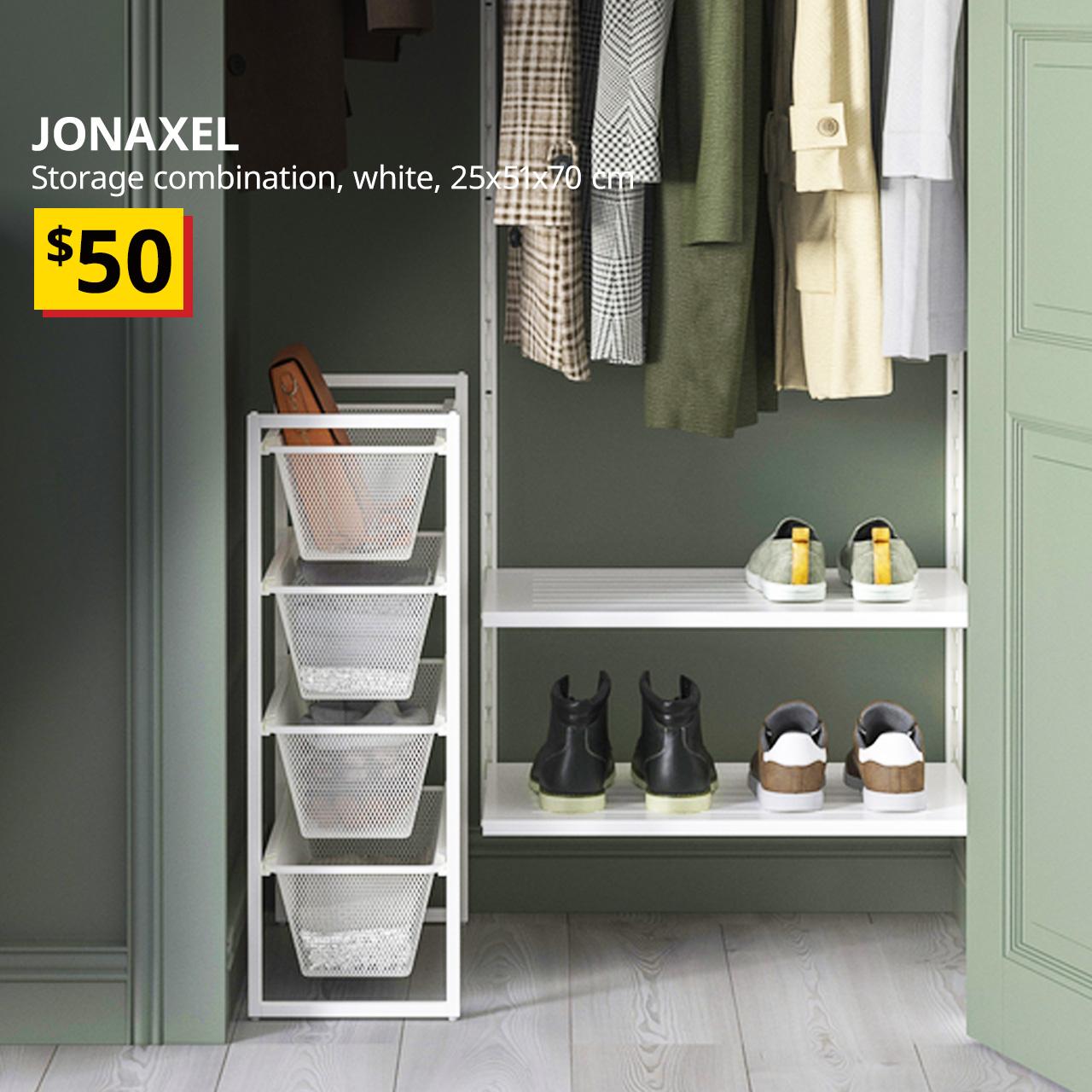 White JONAXEL storage combination in the main entrance of the home. Price: $50.