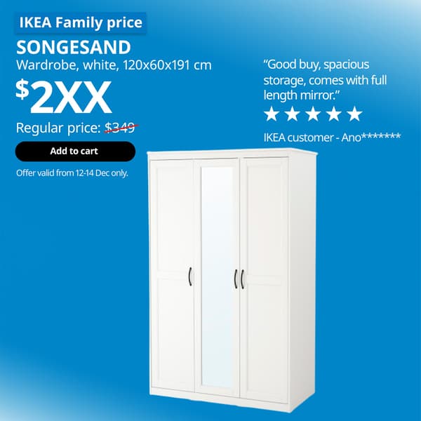 White SONGESAND wardrobe with full length mirror, $249. Offer valid from 12-14 Dec 2025. IKEA 12.12 SALE