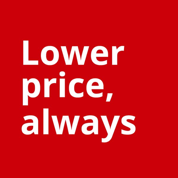 White text "Lower price, always" in a red background