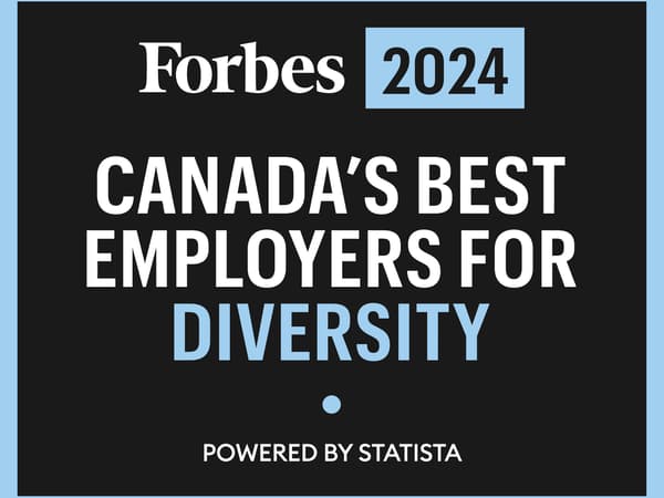 White text on black square reads: Forbes 2024 Canada's Best Employer for Diversity