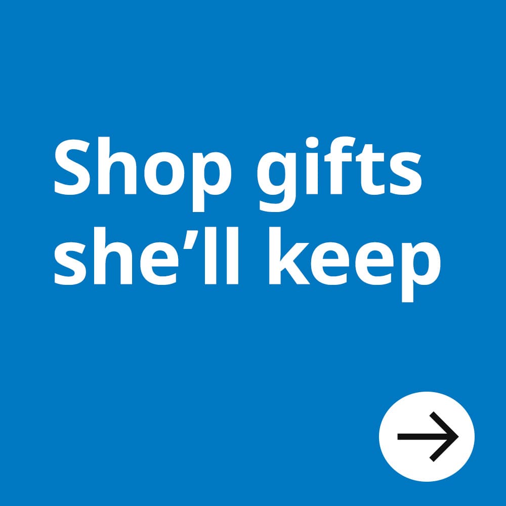 White text on IKEA Family blue background reads: Shop gifts she'll keep.