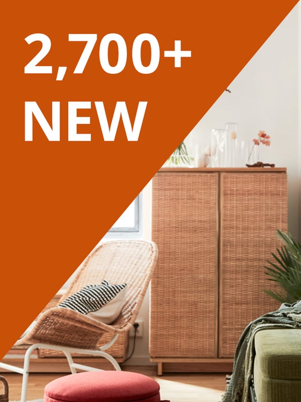 White text on orange background on the left hand corner reads: 2,700+ NEW. FRYKSÅS rattan cabinet sits on the right side of the room. 