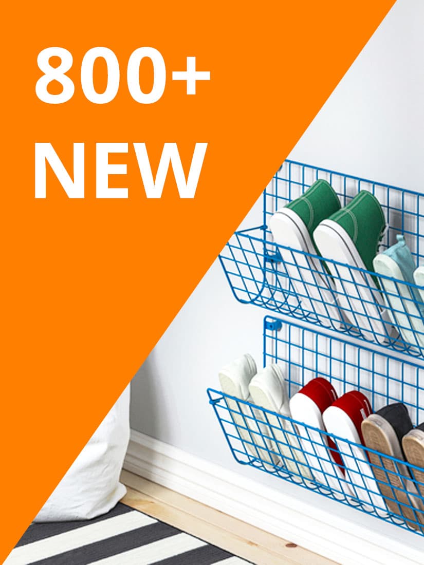 White text reads: "1,800+ NEW" on orange background. Blue GREJIG shoe racks mounted on wall.