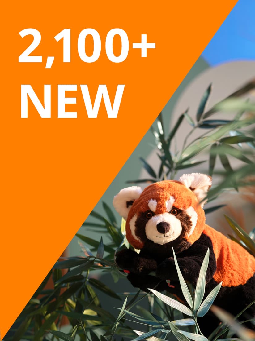 White text reads: "2,100+ NEW" on orange background. A ALPTALL red panda soft toys in a forest setting.