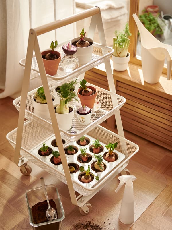 White trolley on wheels with three trays of flowerpots and baking tray with vegetables, watering can and spray bottle.