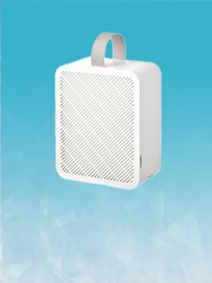 White UPPÅTVIND air purifier against an icy blue background, to show its cooling qualities.