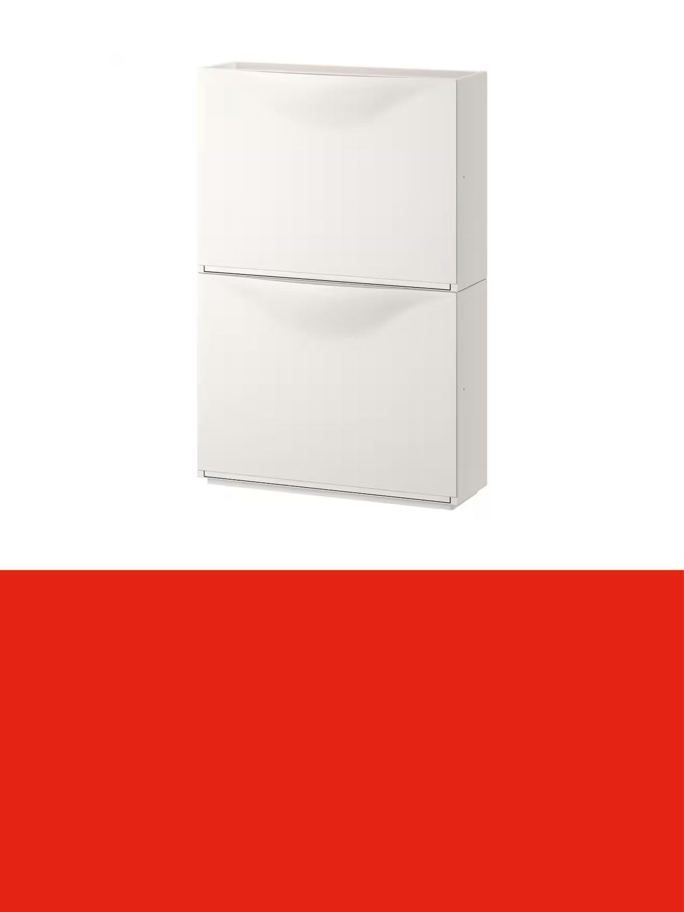 White wall-mounted cabinet with two compartments and curved handles, displayed against a light background above a red promotional banner.